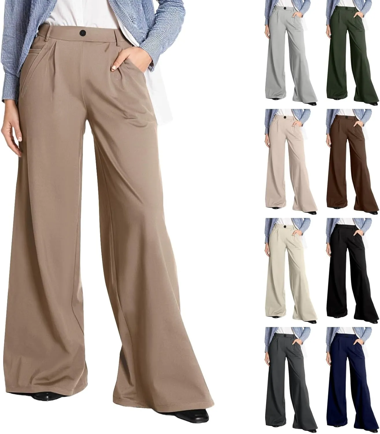 Palazzo Pants for Women Dressy Casual Wedding High Waisted Wide Leg Dress Pants Comfy Work Trousers with Pockets