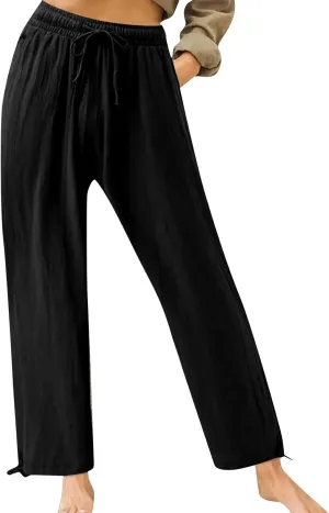 Pants for Women Cotton Linen Casual Summer 2025 Straight Leg Loose Drawstring Elastic Waist Cropped Trouser Plus Size