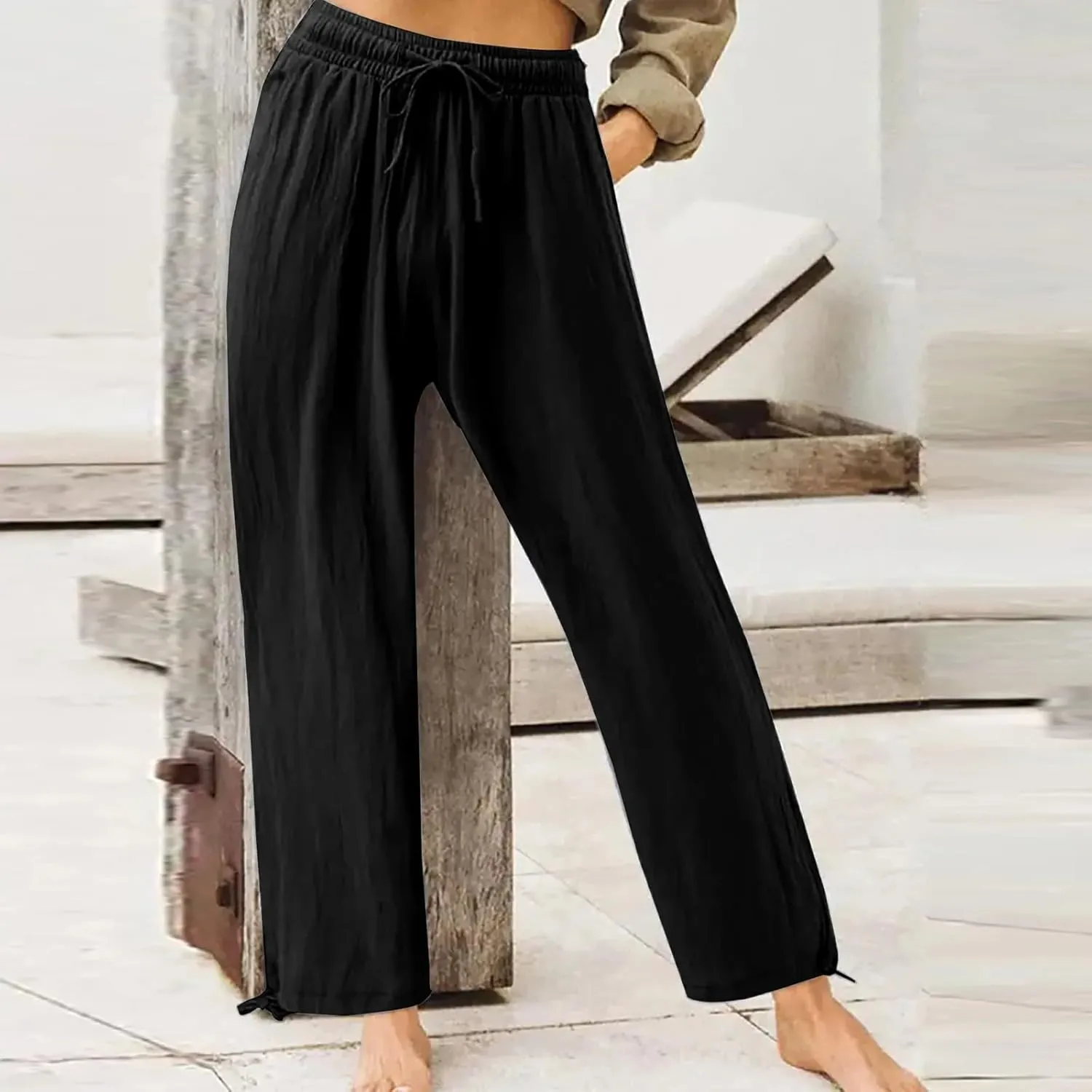 Pants for Women Cotton Linen Casual Summer 2025 Straight Leg Loose Drawstring Elastic Waist Cropped Trouser Plus Size