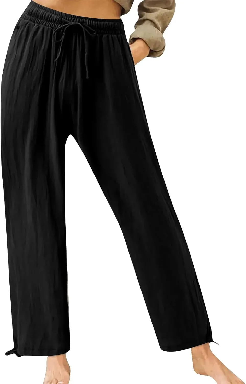 Pants for Women Cotton Linen Casual Summer 2025 Straight Leg Loose Drawstring Elastic Waist Cropped Trouser Plus Size