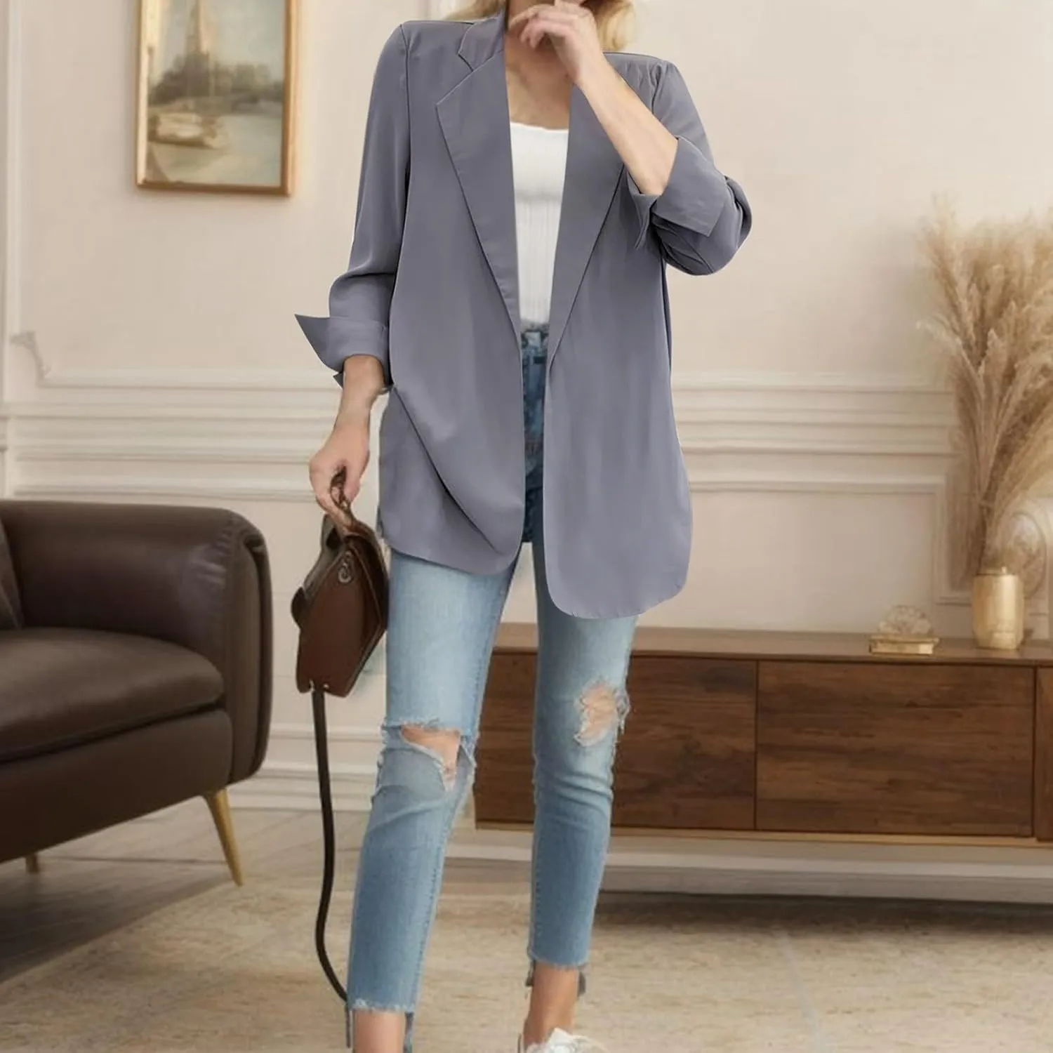 PeQAQ Casual Blazers for Women Trendy Open Front Long Sleeve Suit Jacket Cute Work Office Blazer Jackets Business Coats