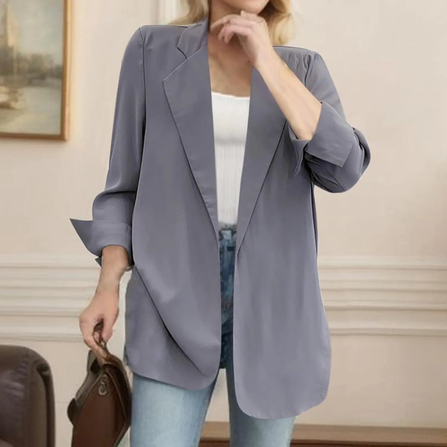 PeQAQ Casual Blazers for Women Trendy Open Front Long Sleeve Suit Jacket Cute Work Office Blazer Jackets Business Coats