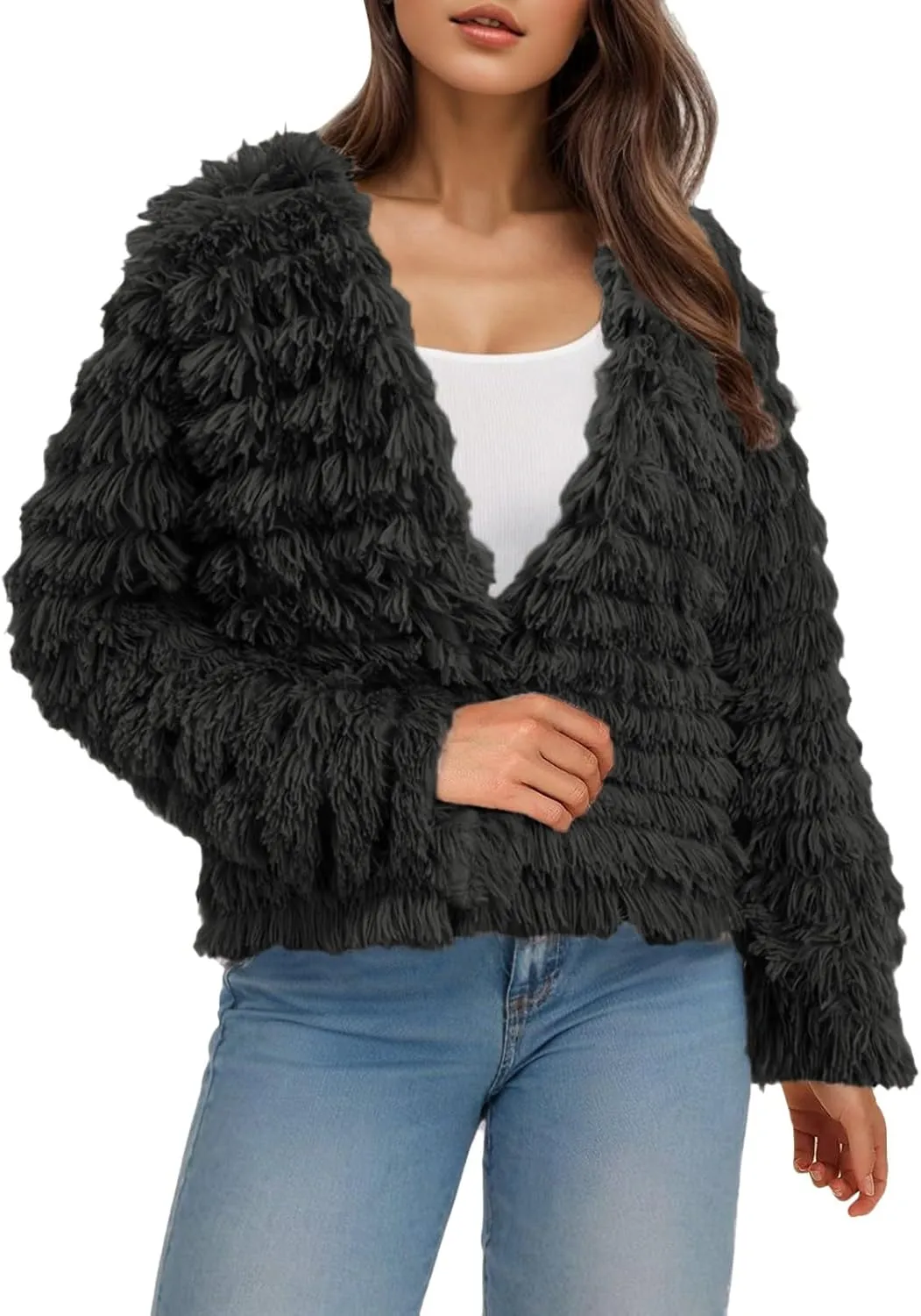 PeQAQ Women's 2023 Winter Overcoats Trendy Casual Fuzzy Jackets Fashion Open Front Cardigan Long/Short Shaggy Coat Outerwear