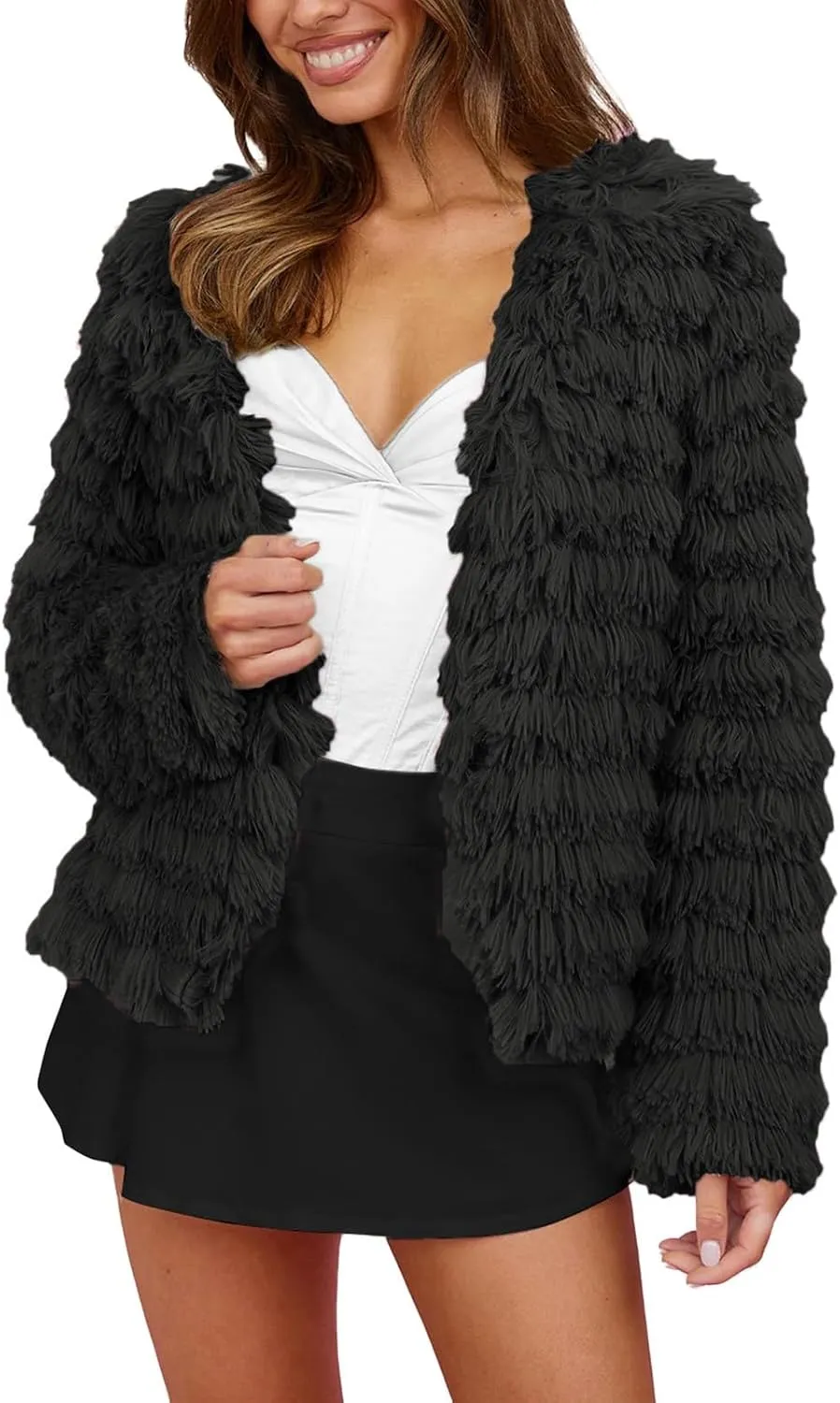 PeQAQ Women's 2023 Winter Overcoats Trendy Casual Fuzzy Jackets Fashion Open Front Cardigan Long/Short Shaggy Coat Outerwear