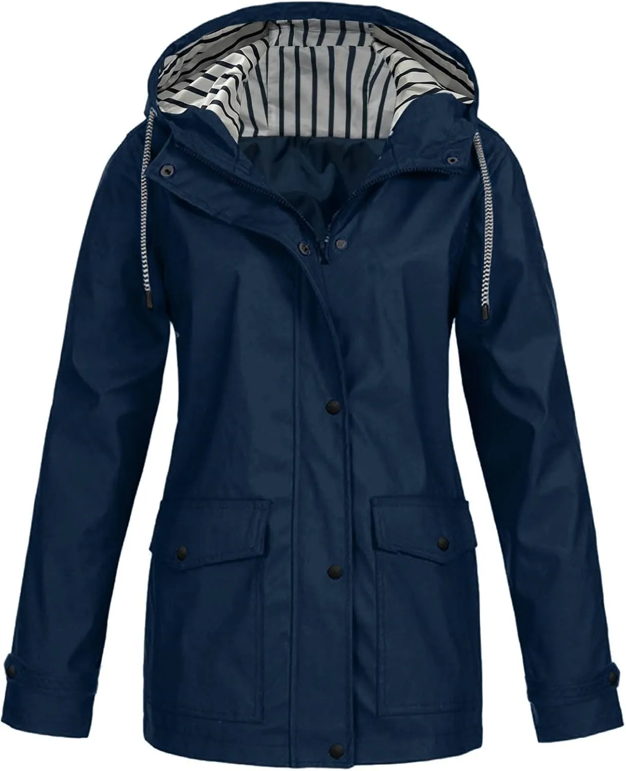 PeQAQ Womens Fashion Hooded Rain Jacket 2024 Lightweight Trench Coat Long Sleeve Windbreaker Zip Up Drawstring Raincoat