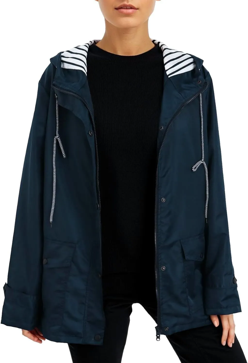 PeQAQ Womens Fashion Hooded Rain Jacket 2024 Lightweight Trench Coat Long Sleeve Windbreaker Zip Up Drawstring Raincoat