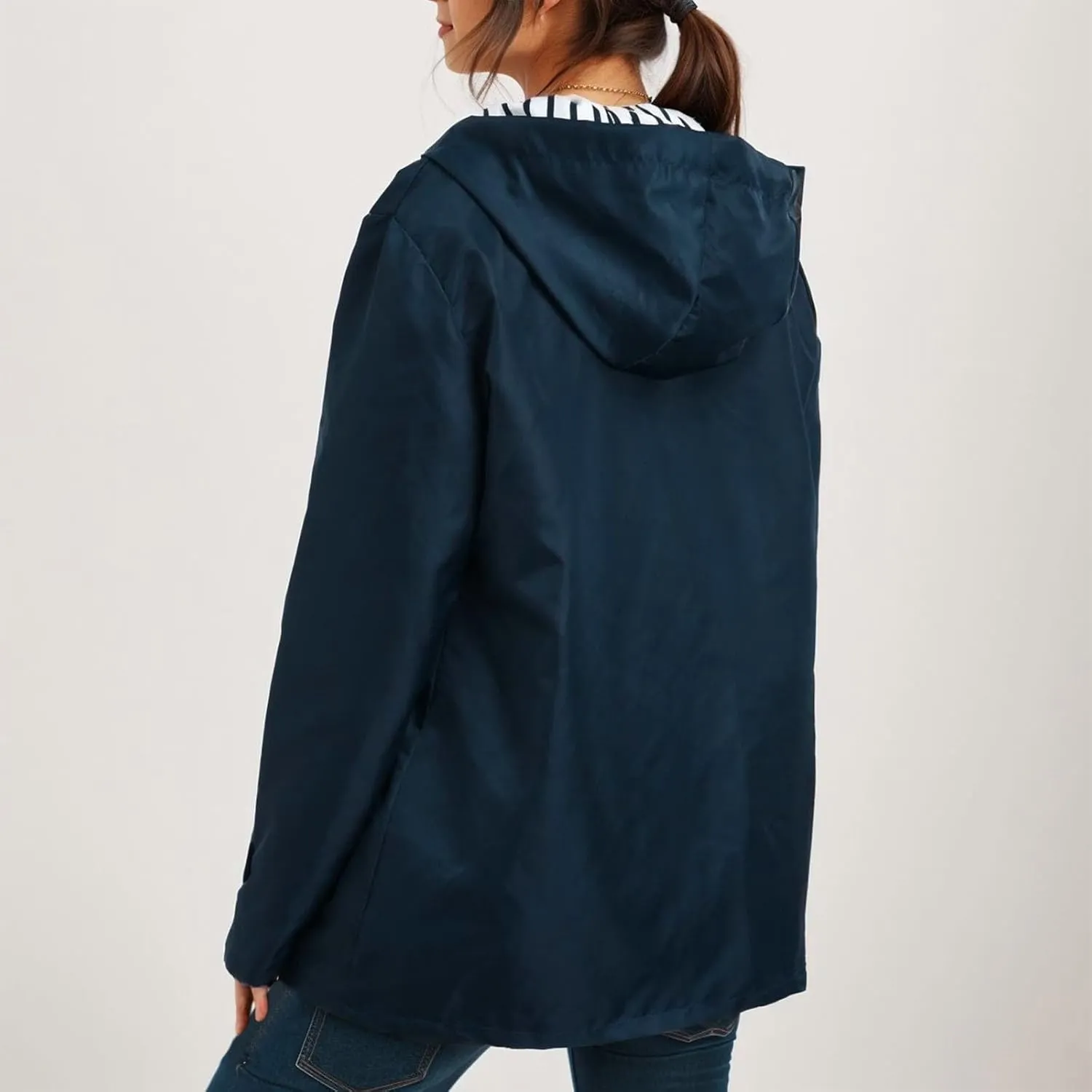 PeQAQ Womens Fashion Hooded Rain Jacket 2024 Lightweight Trench Coat Long Sleeve Windbreaker Zip Up Drawstring Raincoat