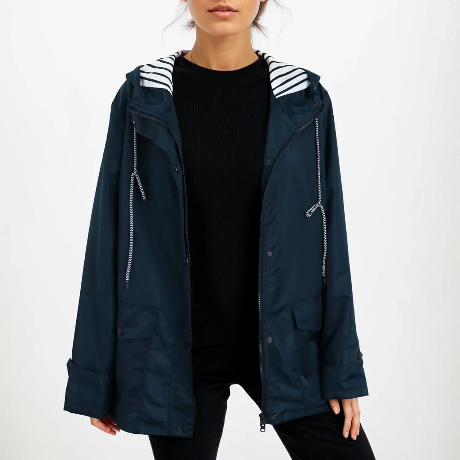 PeQAQ Womens Fashion Hooded Rain Jacket 2024 Lightweight Trench Coat Long Sleeve Windbreaker Zip Up Drawstring Raincoat