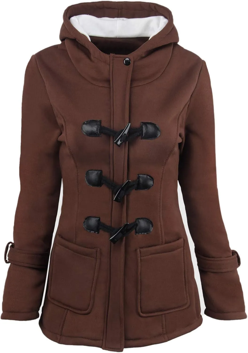 PeQAQ Womens Winter Warm Coats Fashion Horn Button Fleece Thicken Hooded Jacket Trendy Casual Slim Trench Coat Overcoat