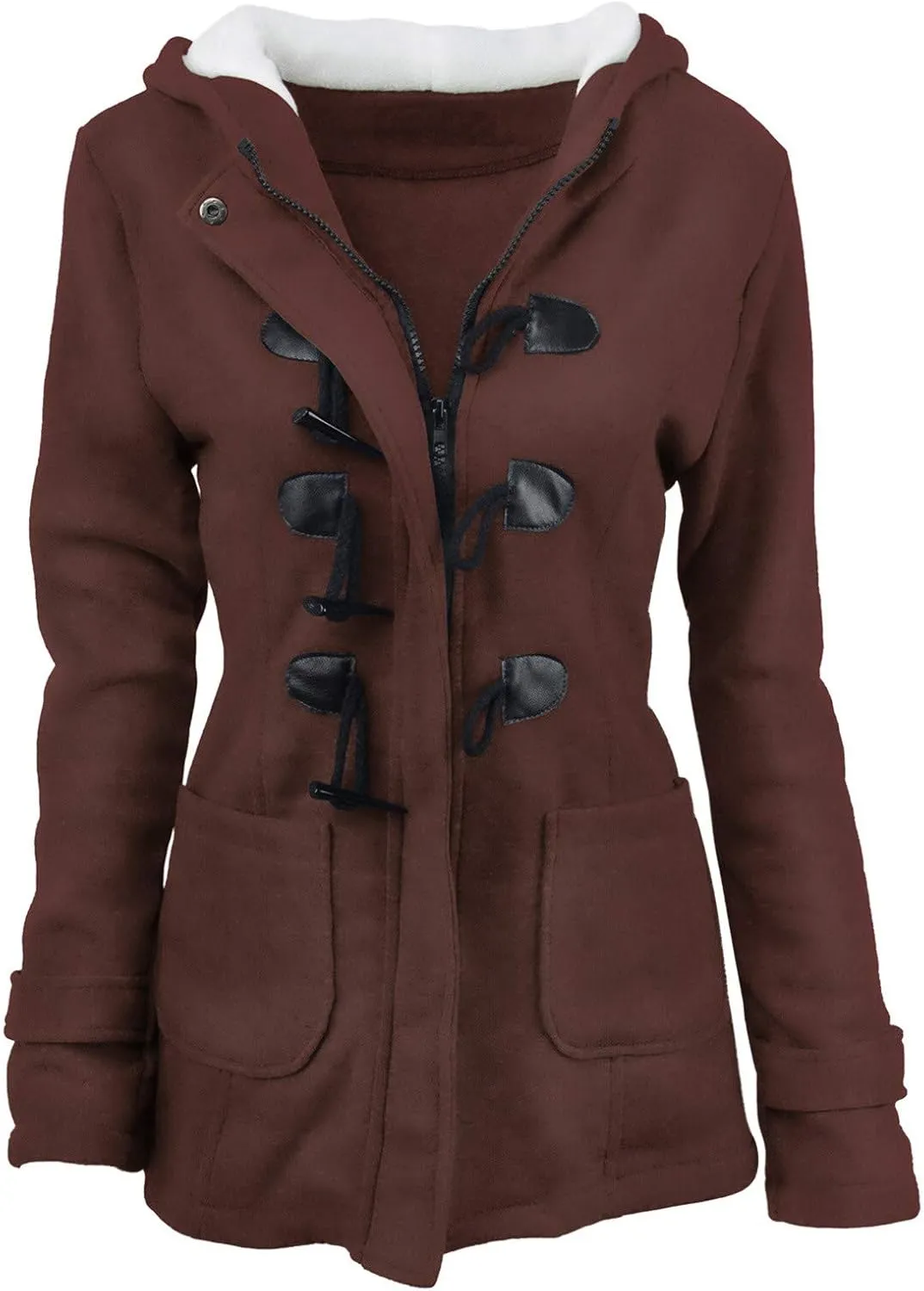 PeQAQ Womens Winter Warm Coats Fashion Horn Button Fleece Thicken Hooded Jacket Trendy Casual Slim Trench Coat Overcoat