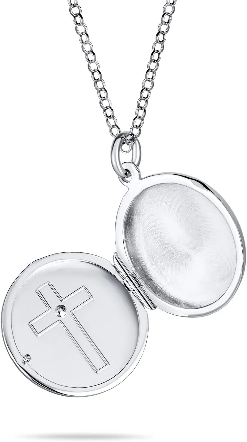 Personalize Religious Holy Bible Angel Cross Photo Locket Necklace Pendant For Women Teens Holds Keepsake Gold Plated .925 Sterling Silver Customize Jewelry Set