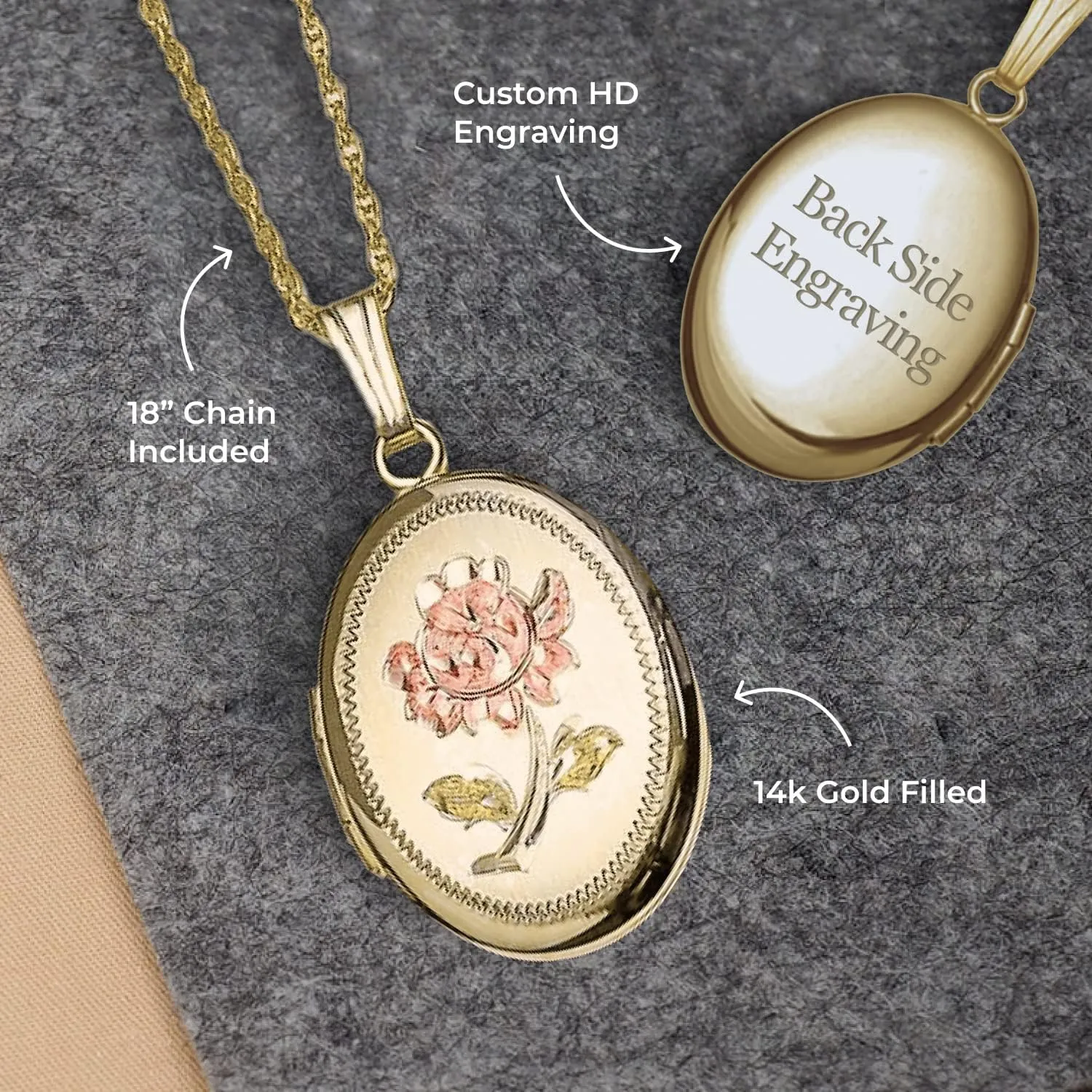 PicturesOnGold.com Personalized 14K Gold Filled Rose Oval Locket Custom Photo Necklace for Women and Men 3/4 Inch X 1 Inch