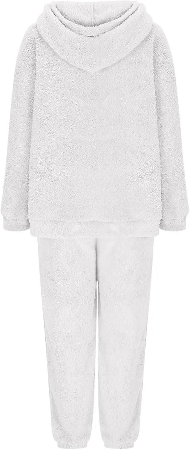 Plus Size 2 Piece Sets Women Long Sleeve Pajama Set Hooded Sweatshirt and Elastic Solid Pants Fuzzy Lounge Set