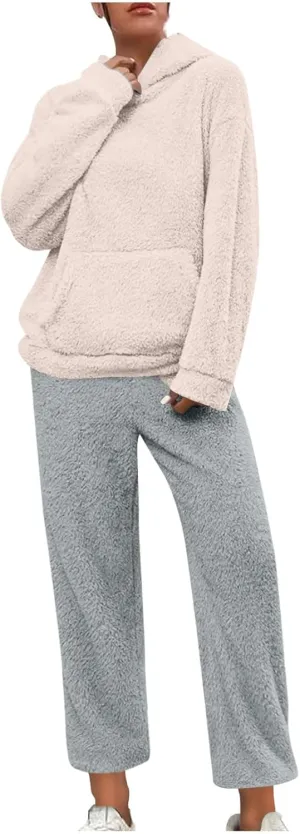 Plus Size 2 Piece Sets Women Long Sleeve Pajama Set Hooded Sweatshirt and Elastic Solid Pants Fuzzy Lounge Set