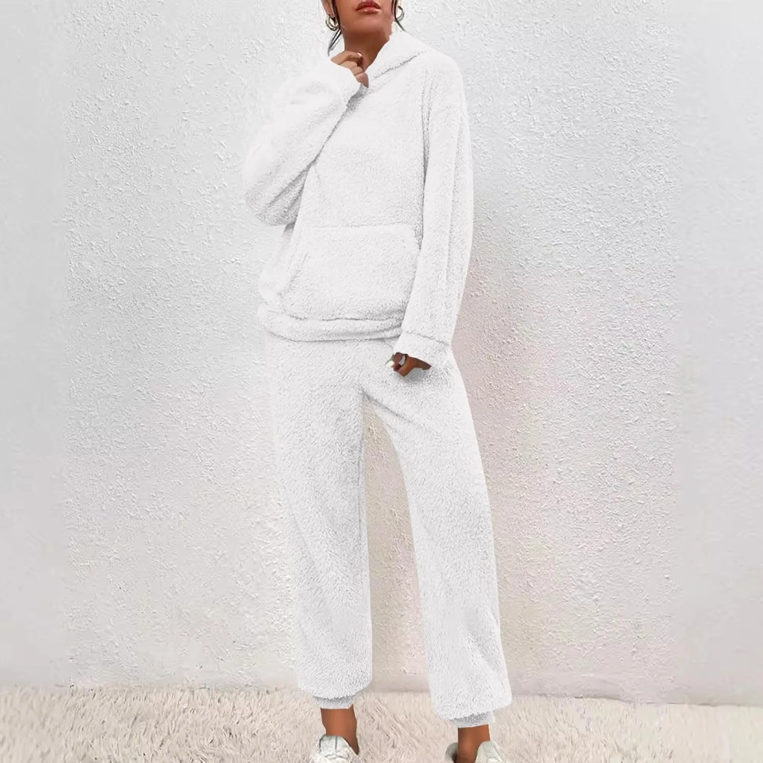 Plus Size 2 Piece Sets Women Long Sleeve Pajama Set Hooded Sweatshirt and Elastic Solid Pants Fuzzy Lounge Set