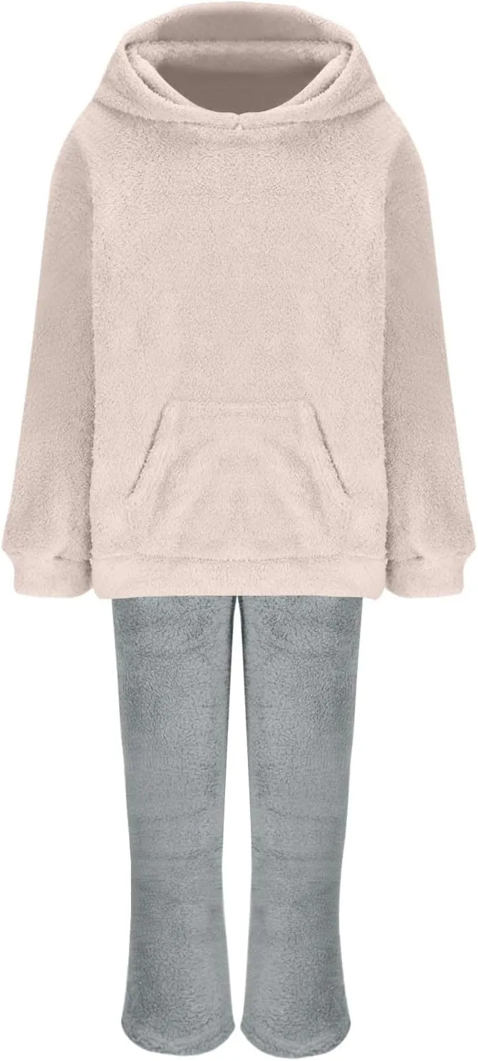 Plus Size 2 Piece Sets Women Long Sleeve Pajama Set Hooded Sweatshirt and Elastic Solid Pants Fuzzy Lounge Set