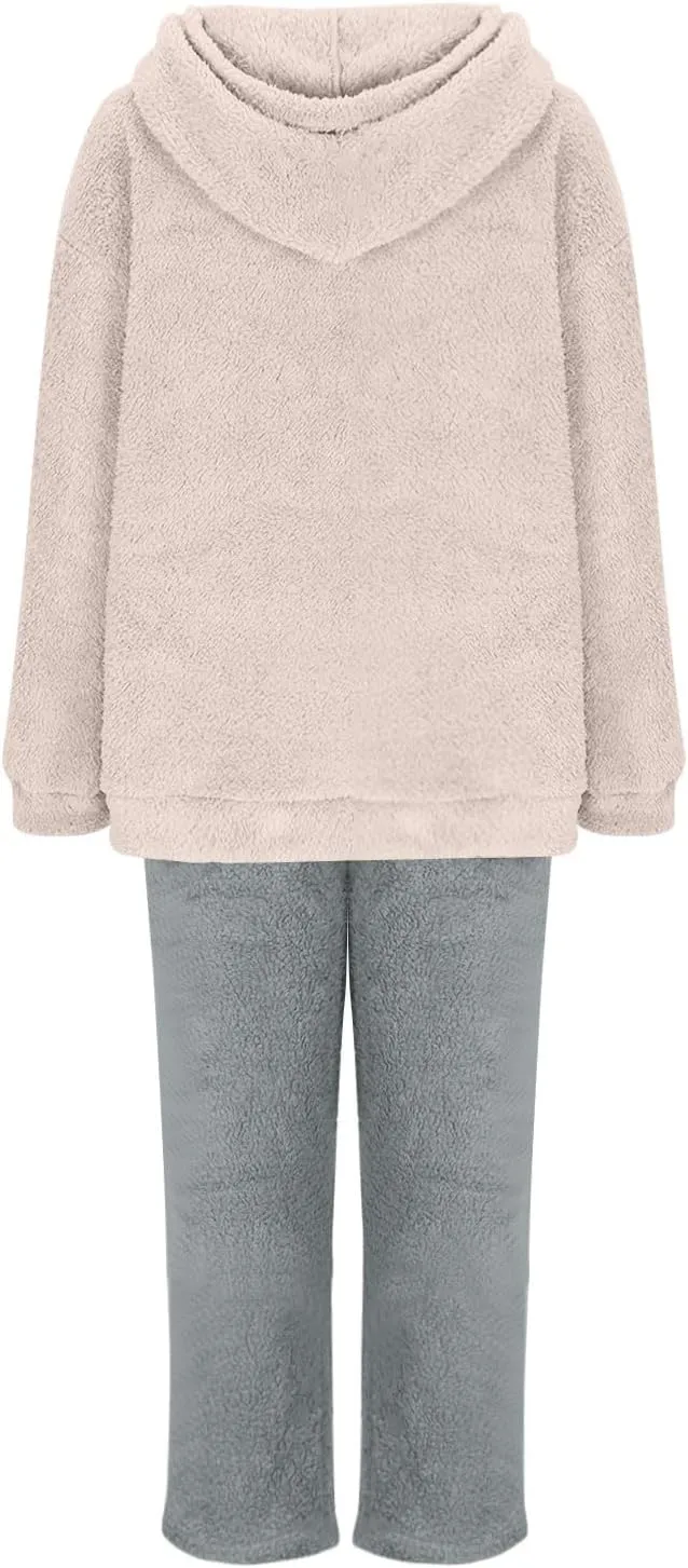 Plus Size 2 Piece Sets Women Long Sleeve Pajama Set Hooded Sweatshirt and Elastic Solid Pants Fuzzy Lounge Set