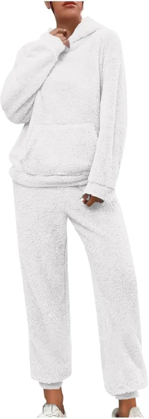 Plus Size 2 Piece Sets Women Long Sleeve Pajama Set Hooded Sweatshirt and Elastic Solid Pants Fuzzy Lounge Set