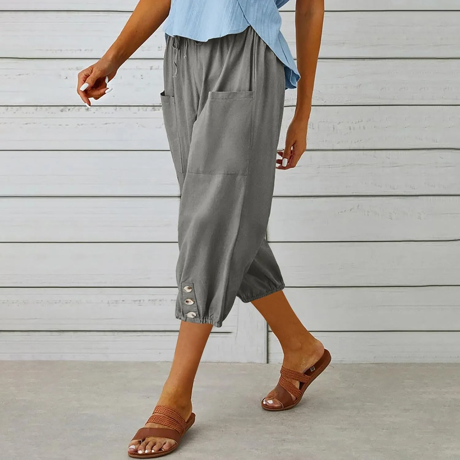 PTOLOCIF Linen Pants for Women,Lightweight Boho Pants Drawstring Elastic Waist Pants High Waisted Beach Palazzo Pants