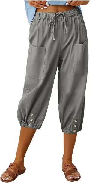 PTOLOCIF Linen Pants for Women,Lightweight Boho Pants Drawstring Elastic Waist Pants High Waisted Beach Palazzo Pants