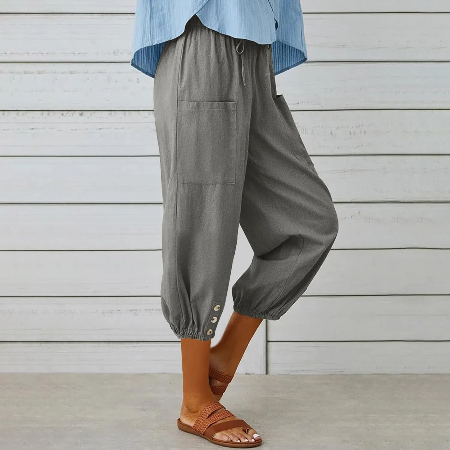 PTOLOCIF Linen Pants for Women,Lightweight Boho Pants Drawstring Elastic Waist Pants High Waisted Beach Palazzo Pants
