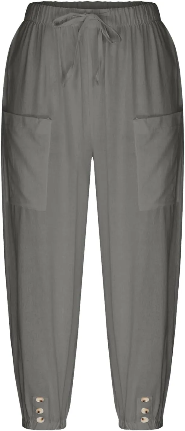 PTOLOCIF Linen Pants for Women,Lightweight Boho Pants Drawstring Elastic Waist Pants High Waisted Beach Palazzo Pants