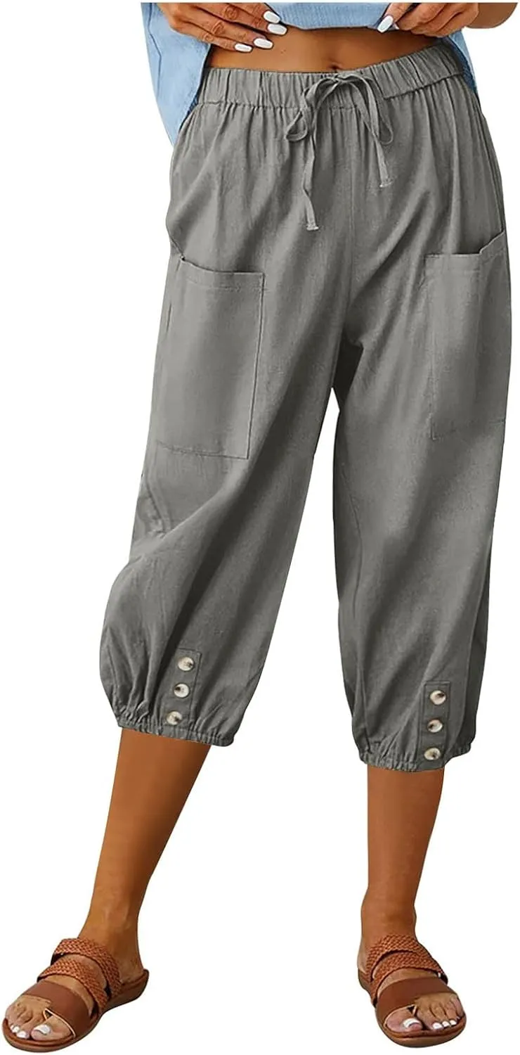 PTOLOCIF Linen Pants for Women,Lightweight Boho Pants Drawstring Elastic Waist Pants High Waisted Beach Palazzo Pants