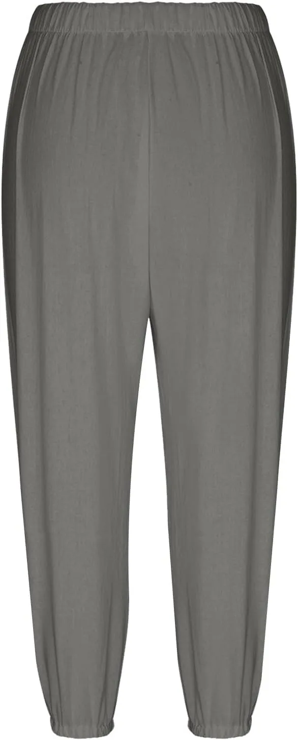 PTOLOCIF Linen Pants for Women,Lightweight Boho Pants Drawstring Elastic Waist Pants High Waisted Beach Palazzo Pants