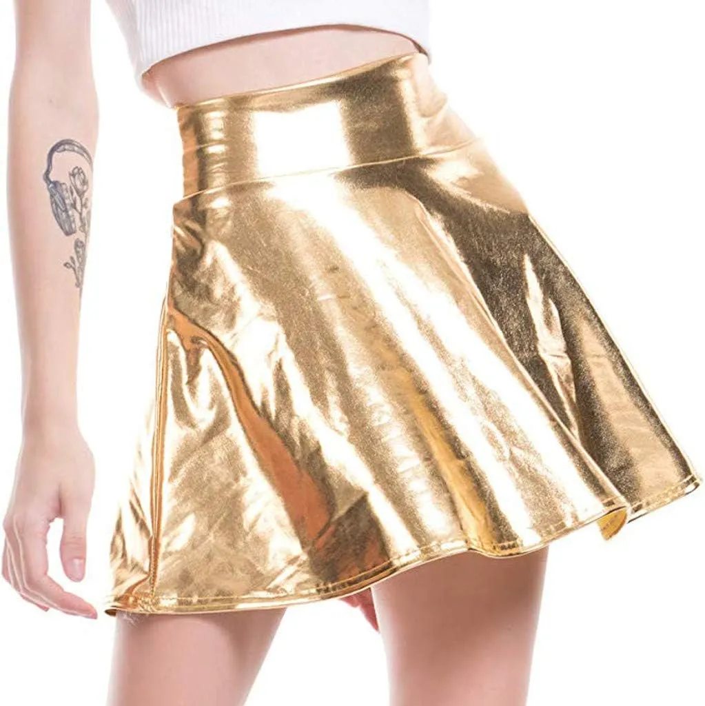 PU Leather Skirt for Women Metallic Skirt High Waisted Belly Dance Skirt Shiny Stretchy Mini A-Line Flared Skater