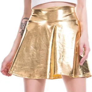 PU Leather Skirt for Women Metallic Skirt High Waisted Belly Dance Skirt Shiny Stretchy Mini A-Line Flared Skater