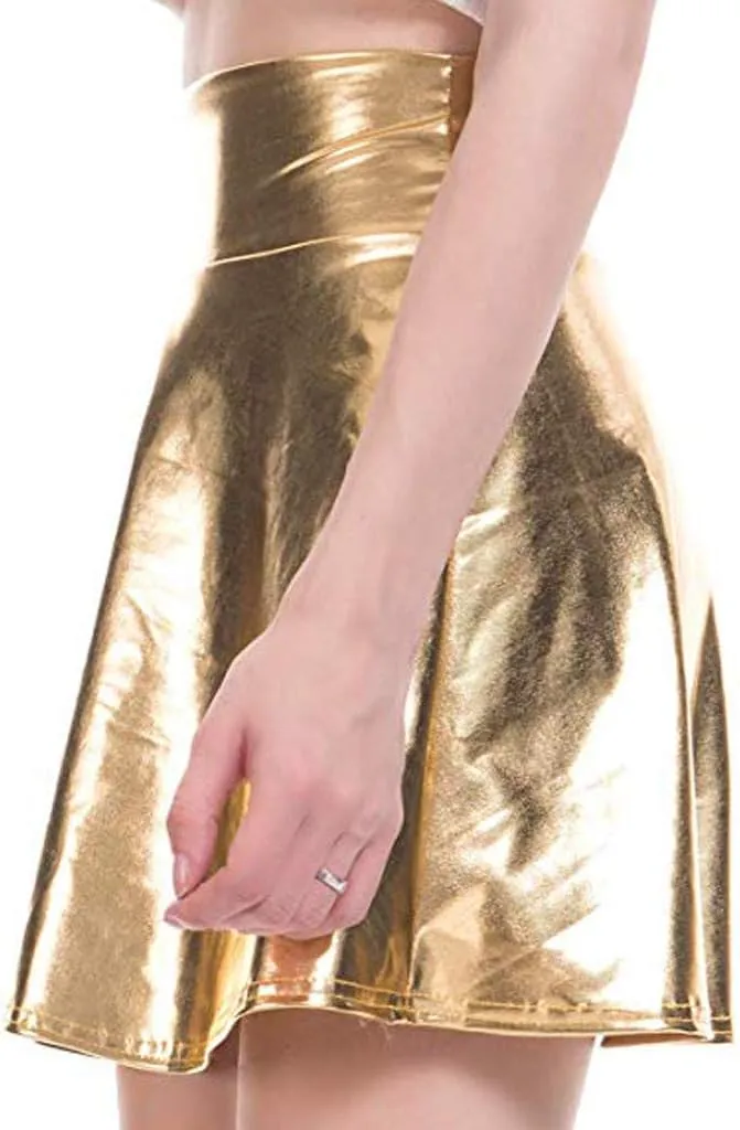 PU Leather Skirt for Women Metallic Skirt High Waisted Belly Dance Skirt Shiny Stretchy Mini A-Line Flared Skater