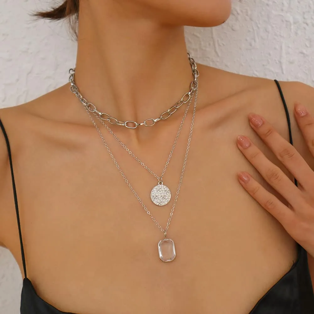 Punk Layered Necklaces Diamond Pendant Necklace Statement Choker Necklaces Punk Jewelry for Women(Silver)