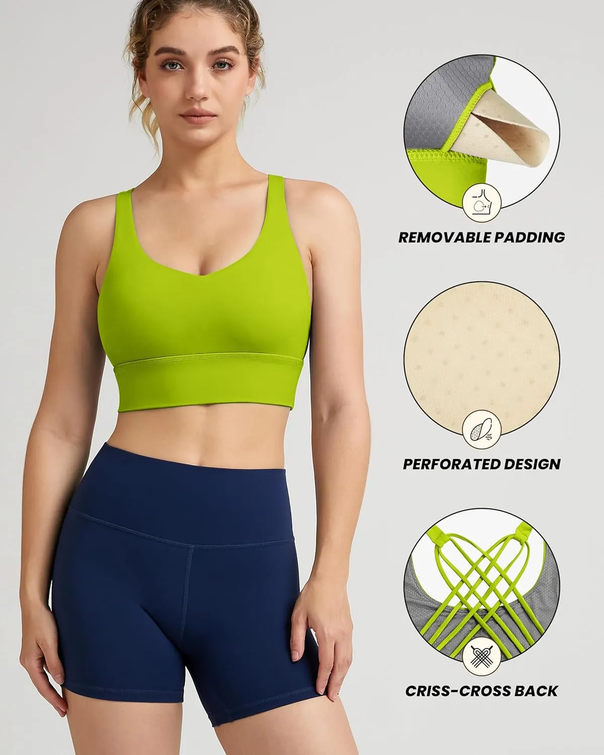 QUEENIEKE Strappy Longline Sports Bras for Women - Wirefree Criss Cross Workout Yoga Bra
