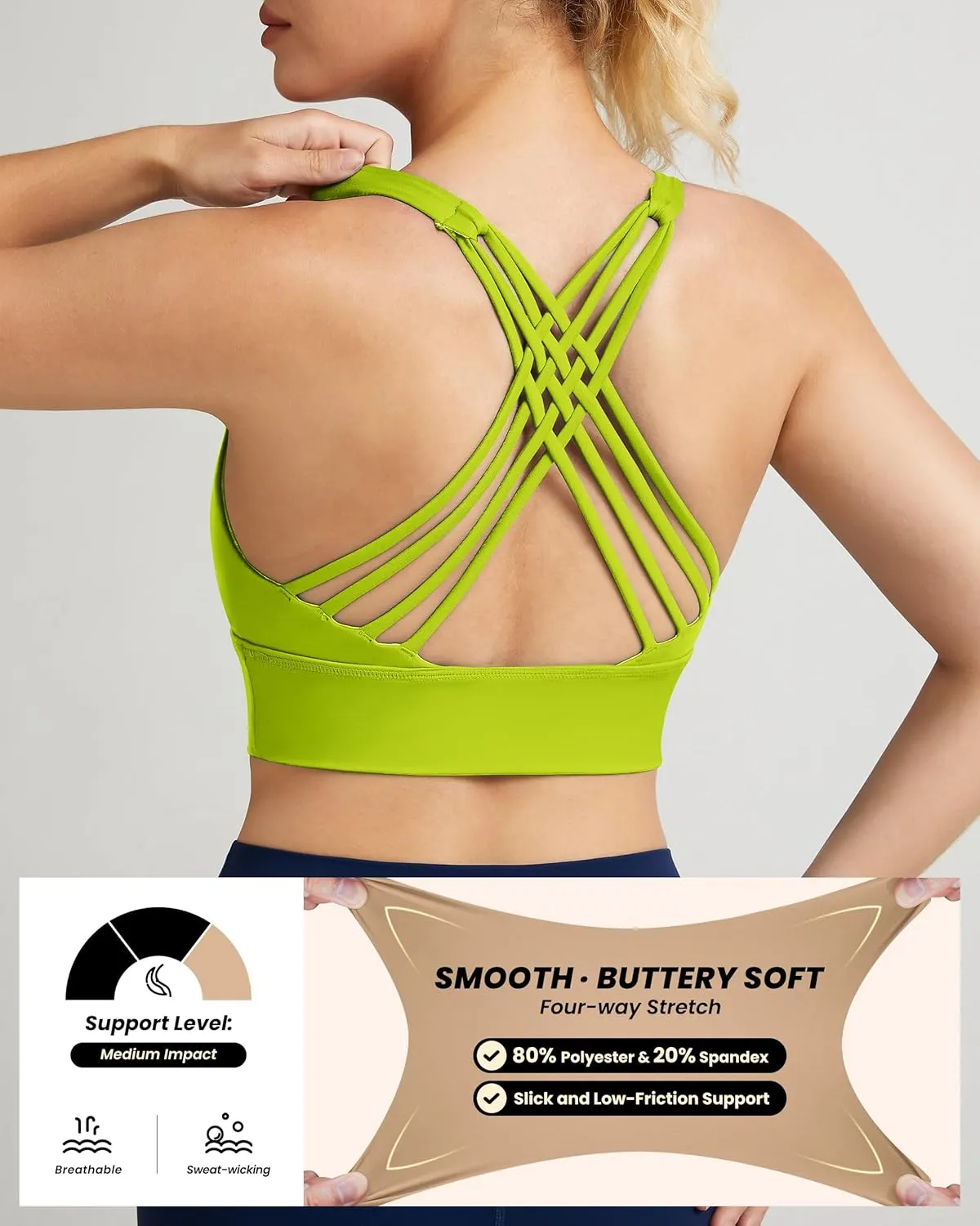 QUEENIEKE Strappy Longline Sports Bras for Women - Wirefree Criss Cross Workout Yoga Bra