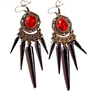 Red & Black Spikes Bronze Gothic Earrings filigree cameo frame tassel fringe hypoallergenic wires