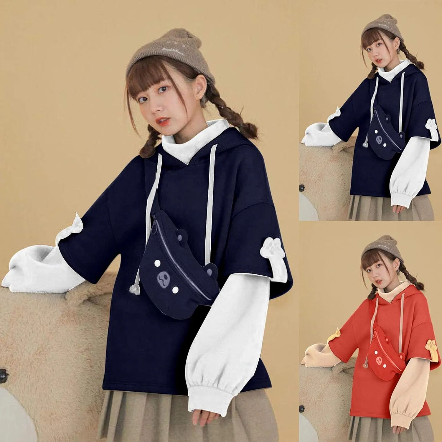 RKSTN Cute Bear Hoodie for Womens Long Sleeve Sweatshirts Patchwork Hooded Shirts with Cute Personality Bag Girls Hoodie Coat