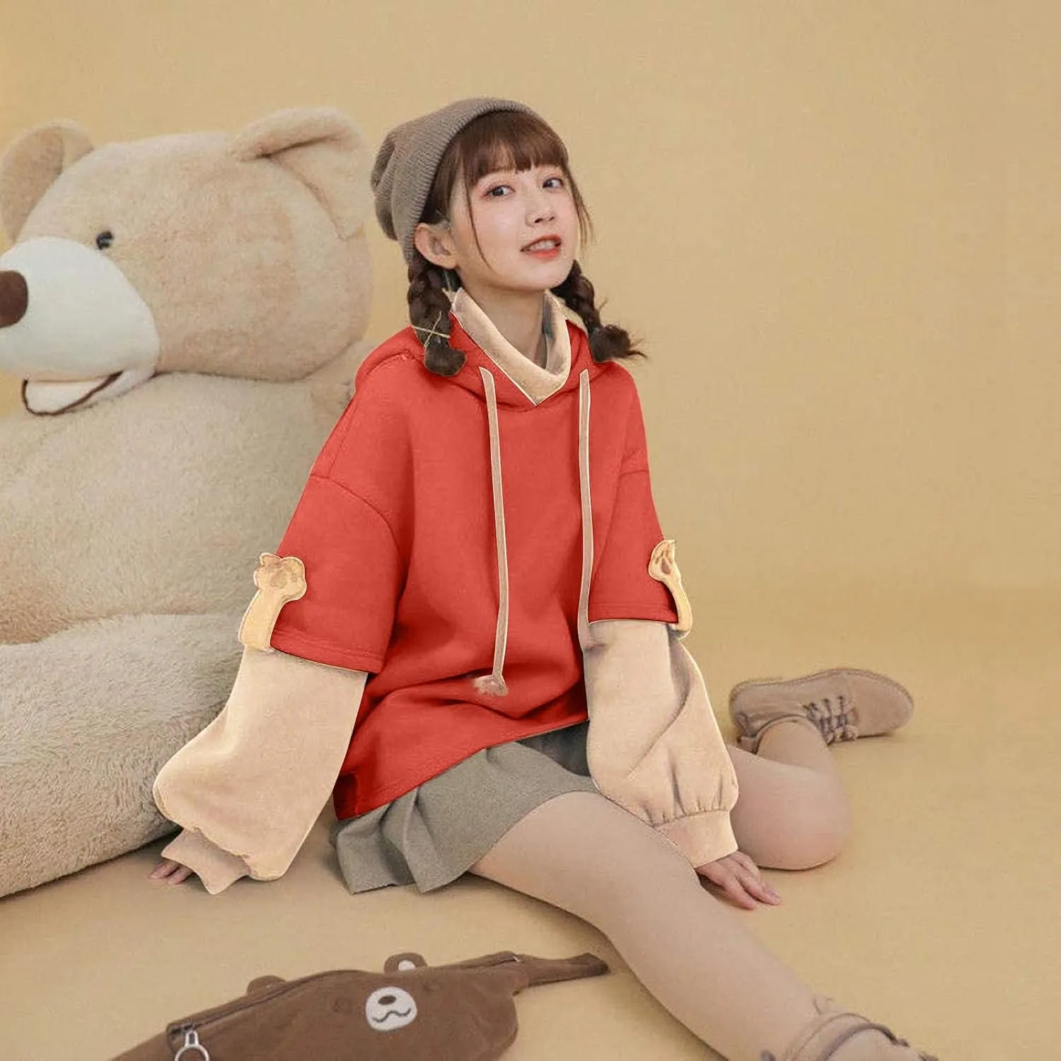 RKSTN Cute Bear Hoodie for Womens Long Sleeve Sweatshirts Patchwork Hooded Shirts with Cute Personality Bag Girls Hoodie Coat