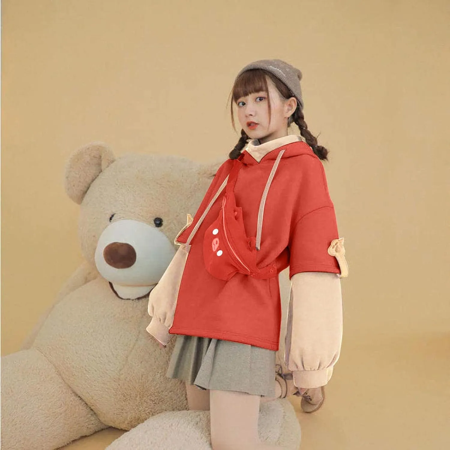 RKSTN Cute Bear Hoodie for Womens Long Sleeve Sweatshirts Patchwork Hooded Shirts with Cute Personality Bag Girls Hoodie Coat