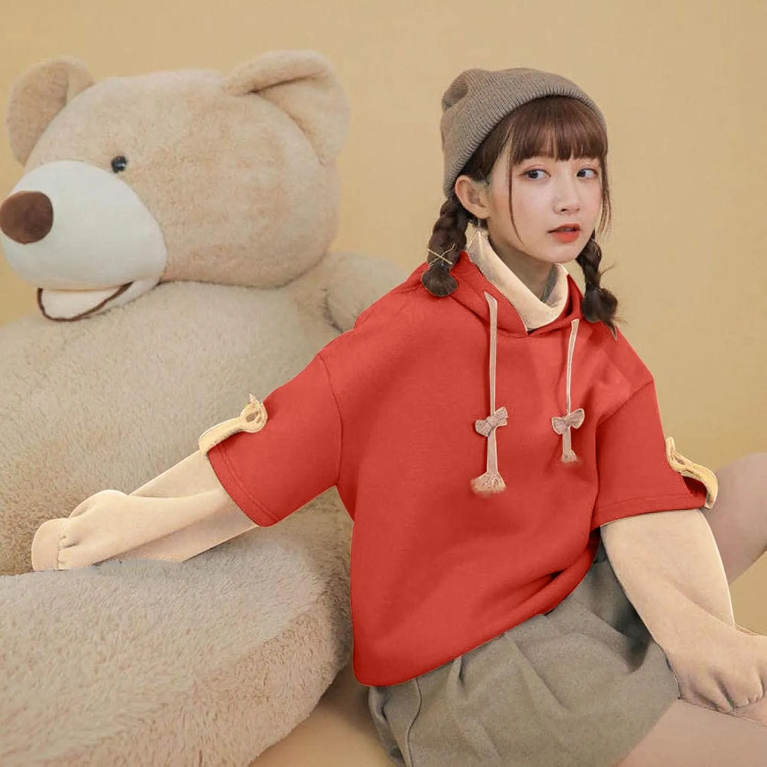 RKSTN Cute Bear Hoodie for Womens Long Sleeve Sweatshirts Patchwork Hooded Shirts with Cute Personality Bag Girls Hoodie Coat