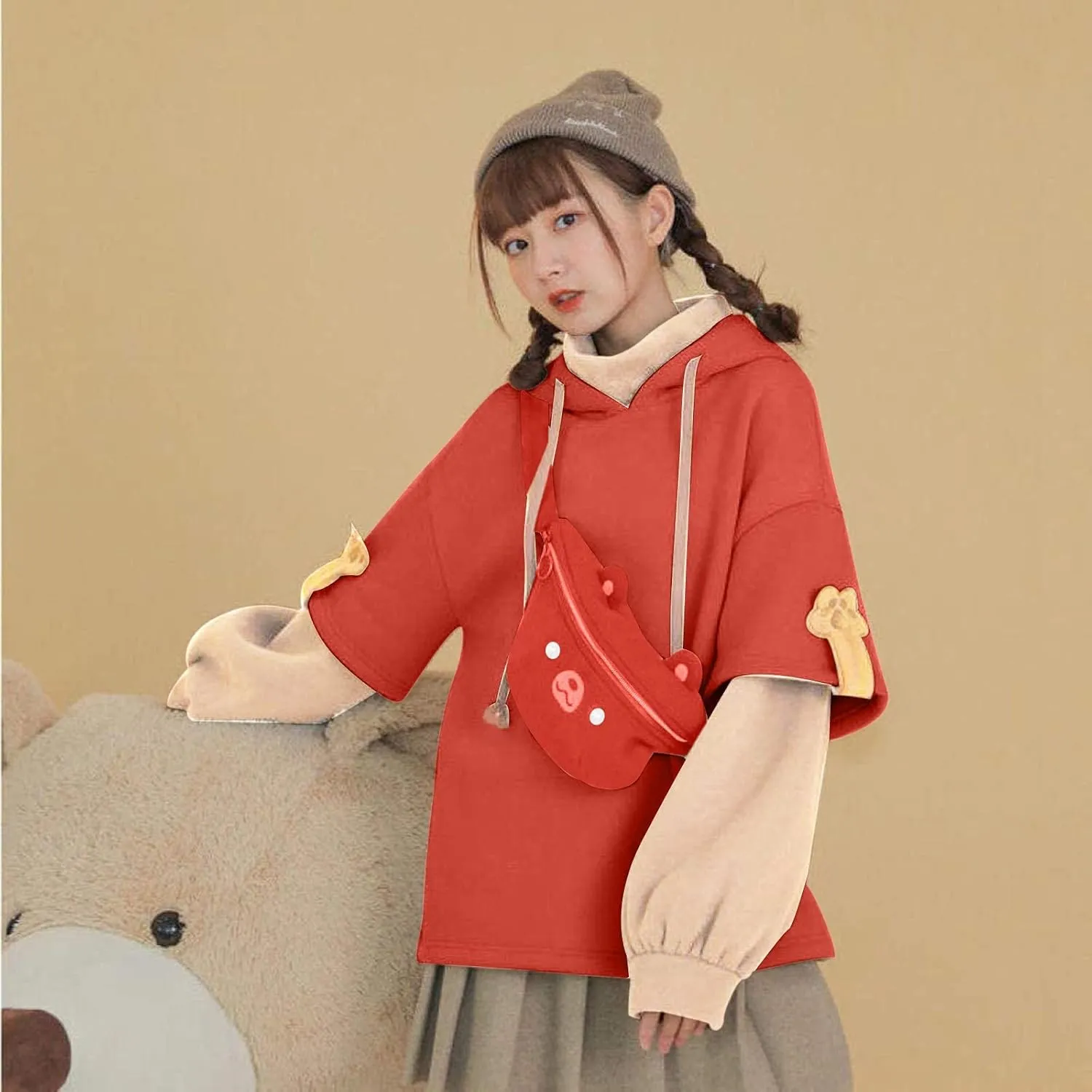 RKSTN Cute Bear Hoodie for Womens Long Sleeve Sweatshirts Patchwork Hooded Shirts with Cute Personality Bag Girls Hoodie Coat