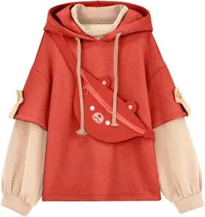 RKSTN Cute Bear Hoodie for Womens Long Sleeve Sweatshirts Patchwork Hooded Shirts with Cute Personality Bag Girls Hoodie Coat