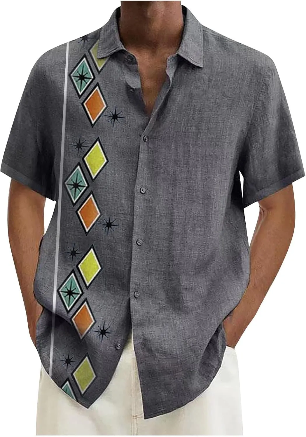 RTRDE Men's Casual Button-Down Shirts Casual Cotton Linen Solid Color Short Sleeve Shirts Loose Casual Shirts