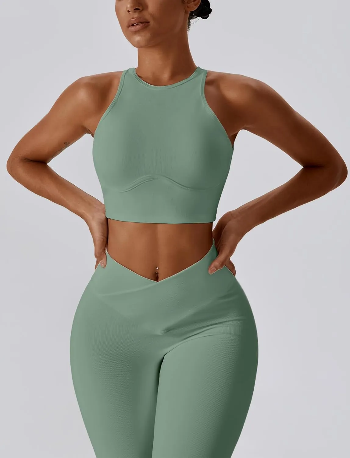 SEAUR Women's Seamless Ribbed Sports Bra Racerback High Impact Workout Crop Top Gym Running Hollow Out Tank Tops