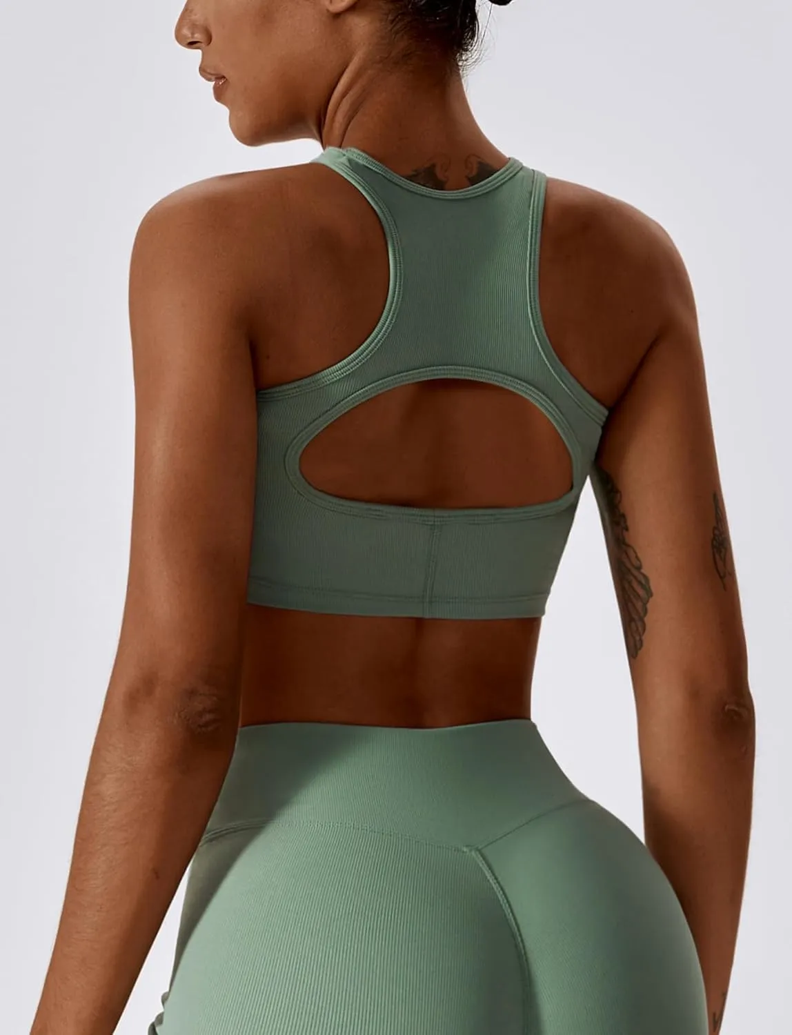 SEAUR Women's Seamless Ribbed Sports Bra Racerback High Impact Workout Crop Top Gym Running Hollow Out Tank Tops