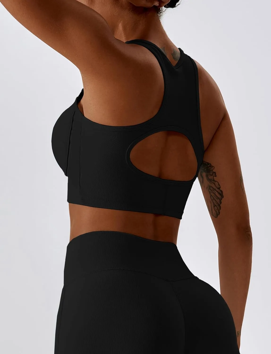 SEAUR Women's Seamless Ribbed Sports Bra Racerback High Impact Workout Crop Top Gym Running Hollow Out Tank Tops