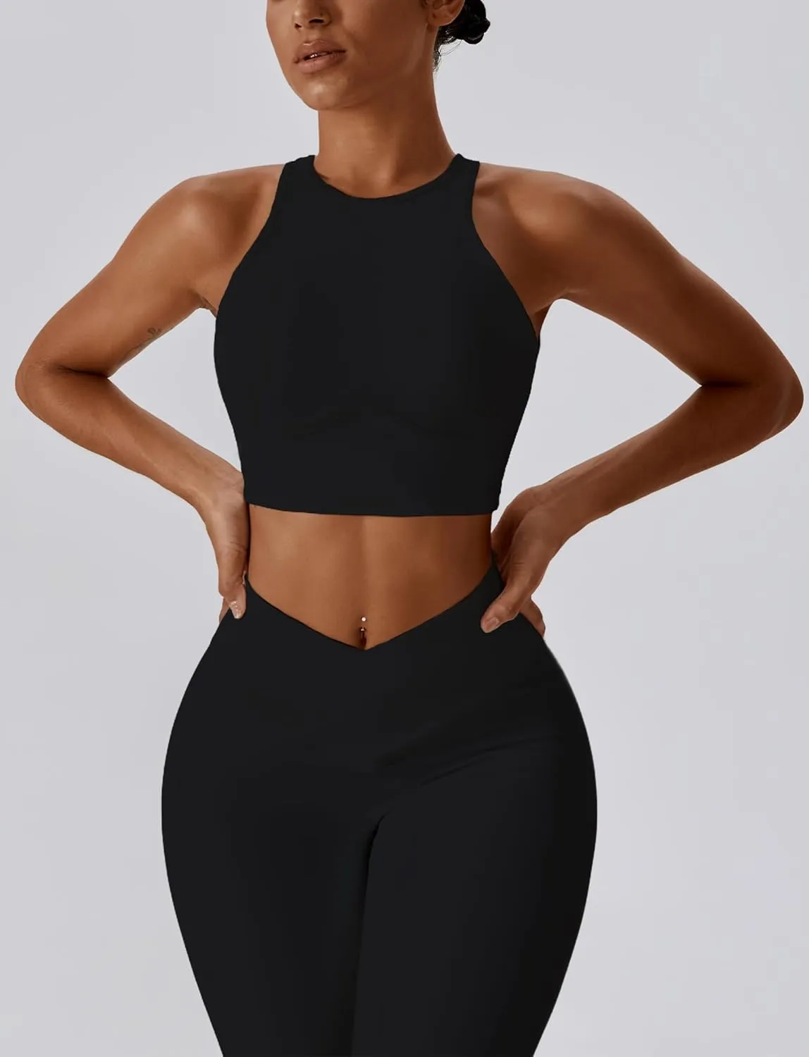SEAUR Women's Seamless Ribbed Sports Bra Racerback High Impact Workout Crop Top Gym Running Hollow Out Tank Tops