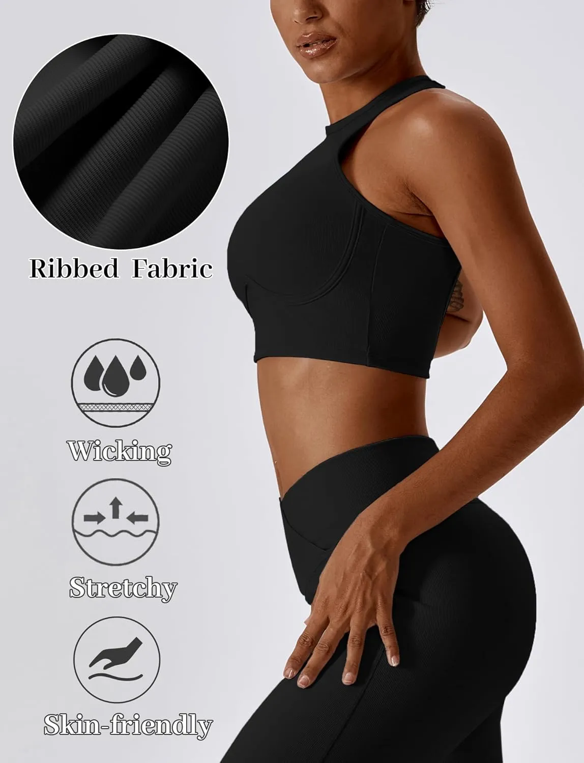 SEAUR Women's Seamless Ribbed Sports Bra Racerback High Impact Workout Crop Top Gym Running Hollow Out Tank Tops