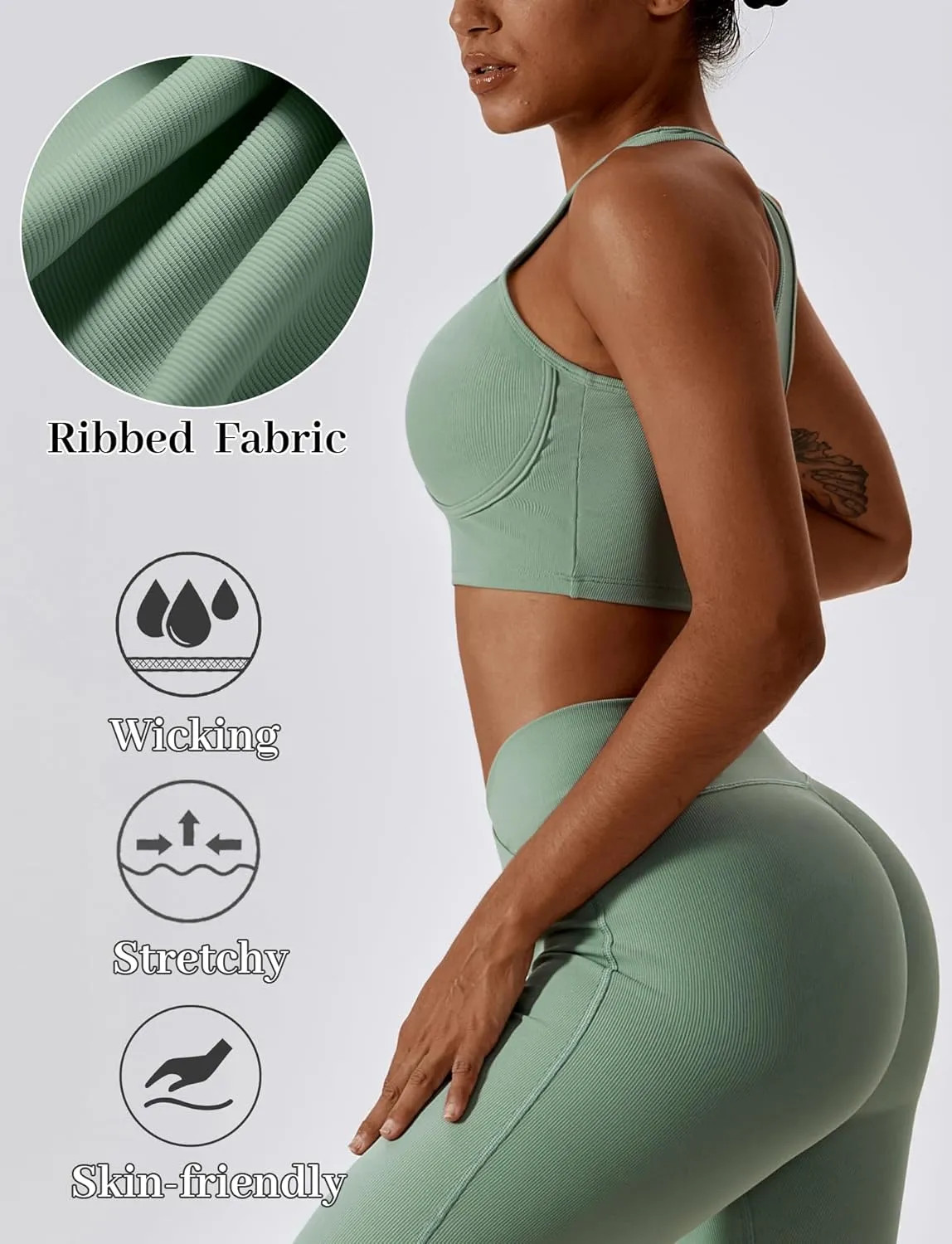 SEAUR Women's Seamless Ribbed Sports Bra Racerback High Impact Workout Crop Top Gym Running Hollow Out Tank Tops