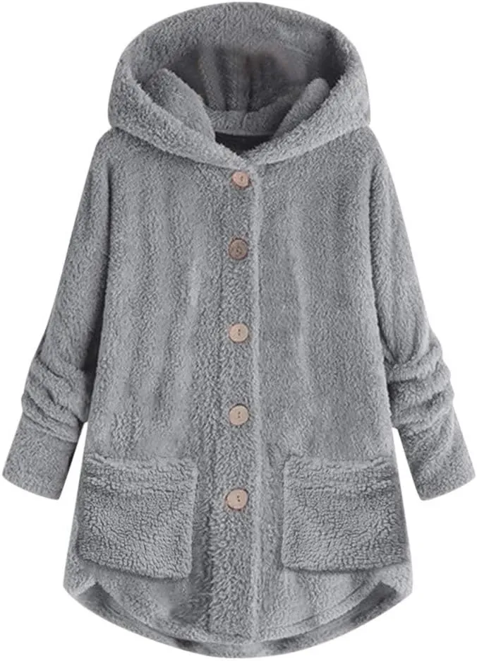 Sherpa Jacket Women Fuzzy Fleece Button Down Long Sleeve Casual Plush Cardigans Jacket Open Front Soft Hooded Coat