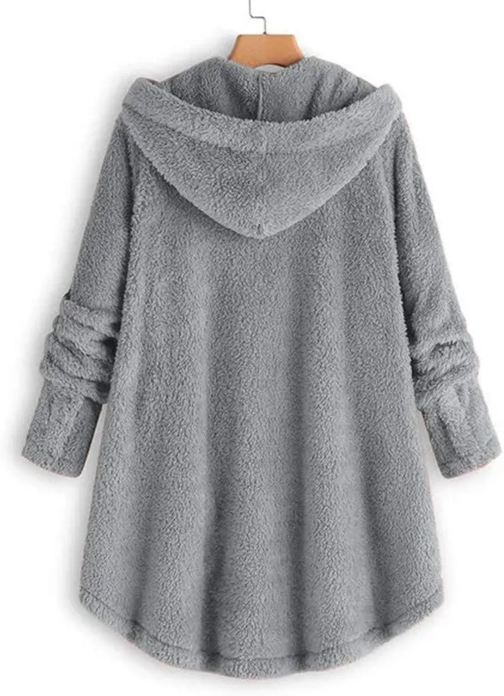 Sherpa Jacket Women Fuzzy Fleece Button Down Long Sleeve Casual Plush Cardigans Jacket Open Front Soft Hooded Coat